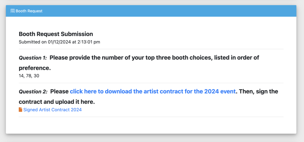 Screenshot of the Booth Request section of the Artist Citation on ZAPP