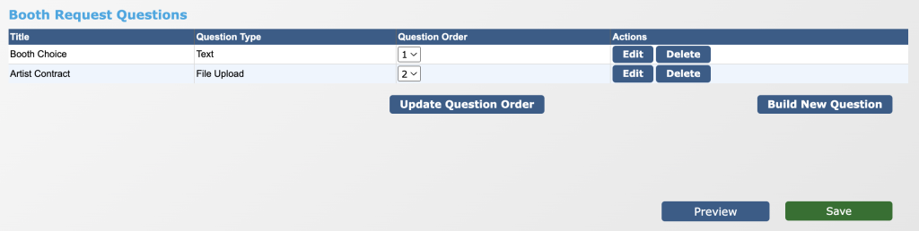 Screenshot of the Booth Request Questions section of ZAPP