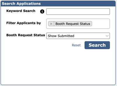 Filter Booth Requests (1) Screenshot of the Search Applications box of the Event Management table in ZAPP