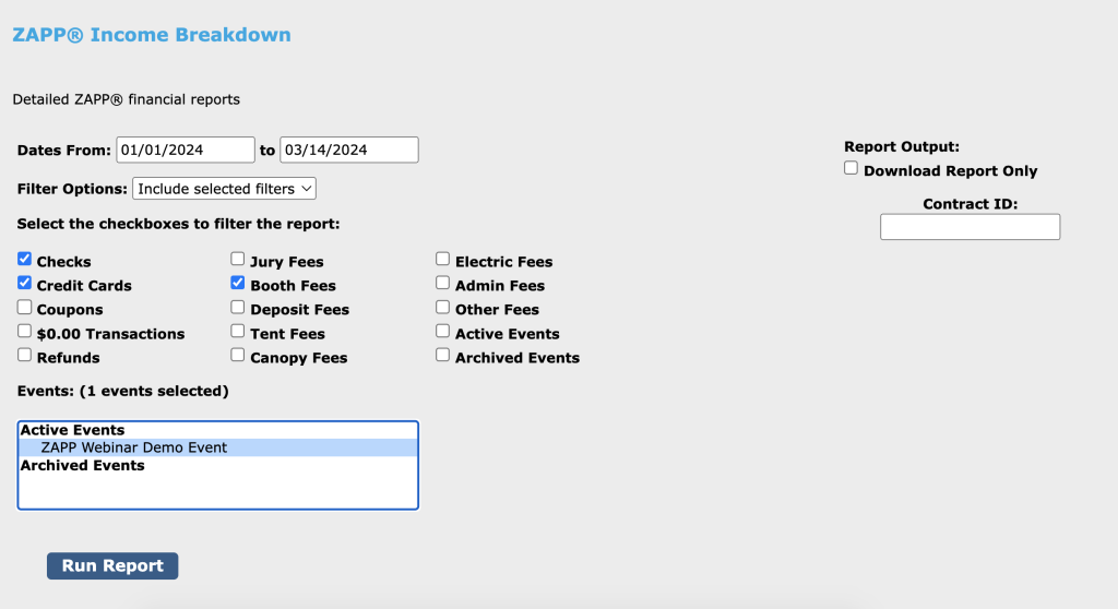 Screenshot of the income breakdown report page