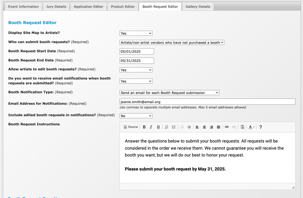 Screenshot of the Booth Request Editor in ZAPP