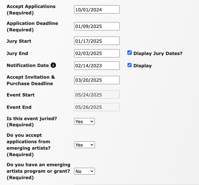 Image of the accept application date, application deadline, jury start and jury end dates, notification date (display is checked on), accept invitation and purchase deadline, event start and event end dates.